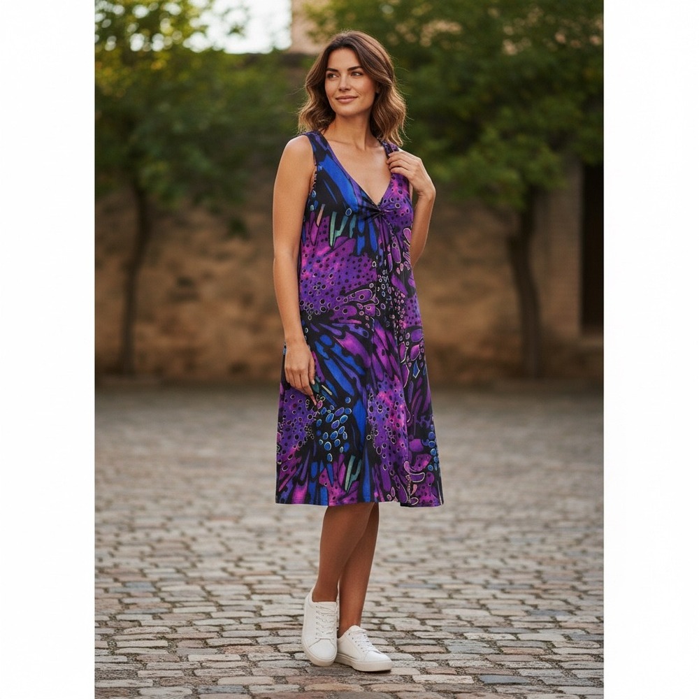 Jostar‎ Abstract Print V Neck Sleeveless Midi Dress Size L Purple Blue Black